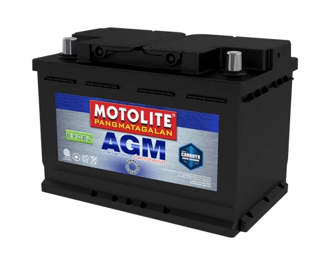 Motolite AGM automotive battery with a black casing and blue and silver label