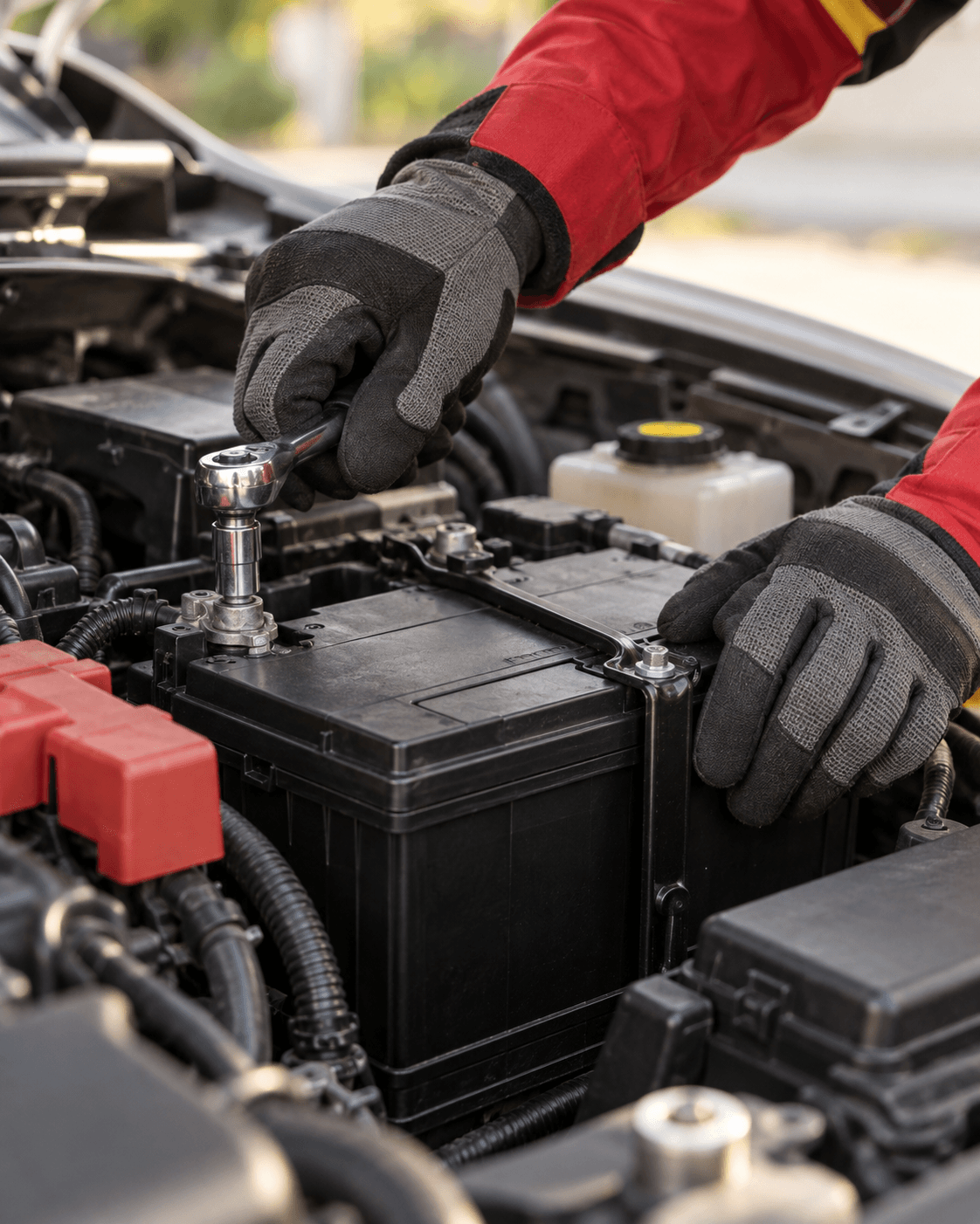 Illustration of gloved hands fitting a replacement car battery