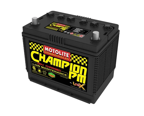 Motolite Champion PM battery with a black casing and yellow checkered label