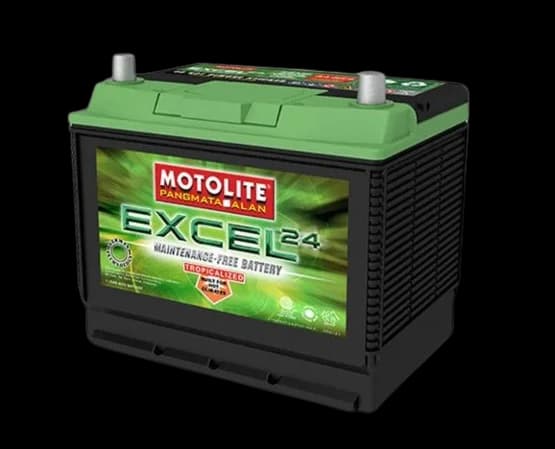 Motolite Excel automotive battery with a green lid and label